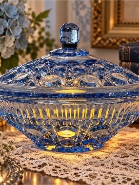 Vintage Indiana Glass Windsor Ice Blue Button & Cane Fairy Lamp